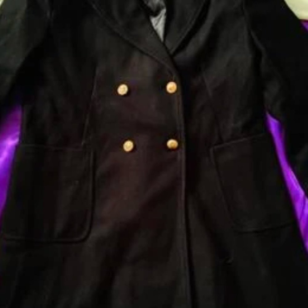 Double Breasted Lapel Collar Button Up pocketed Overcoat Black - Picture 9 of 9